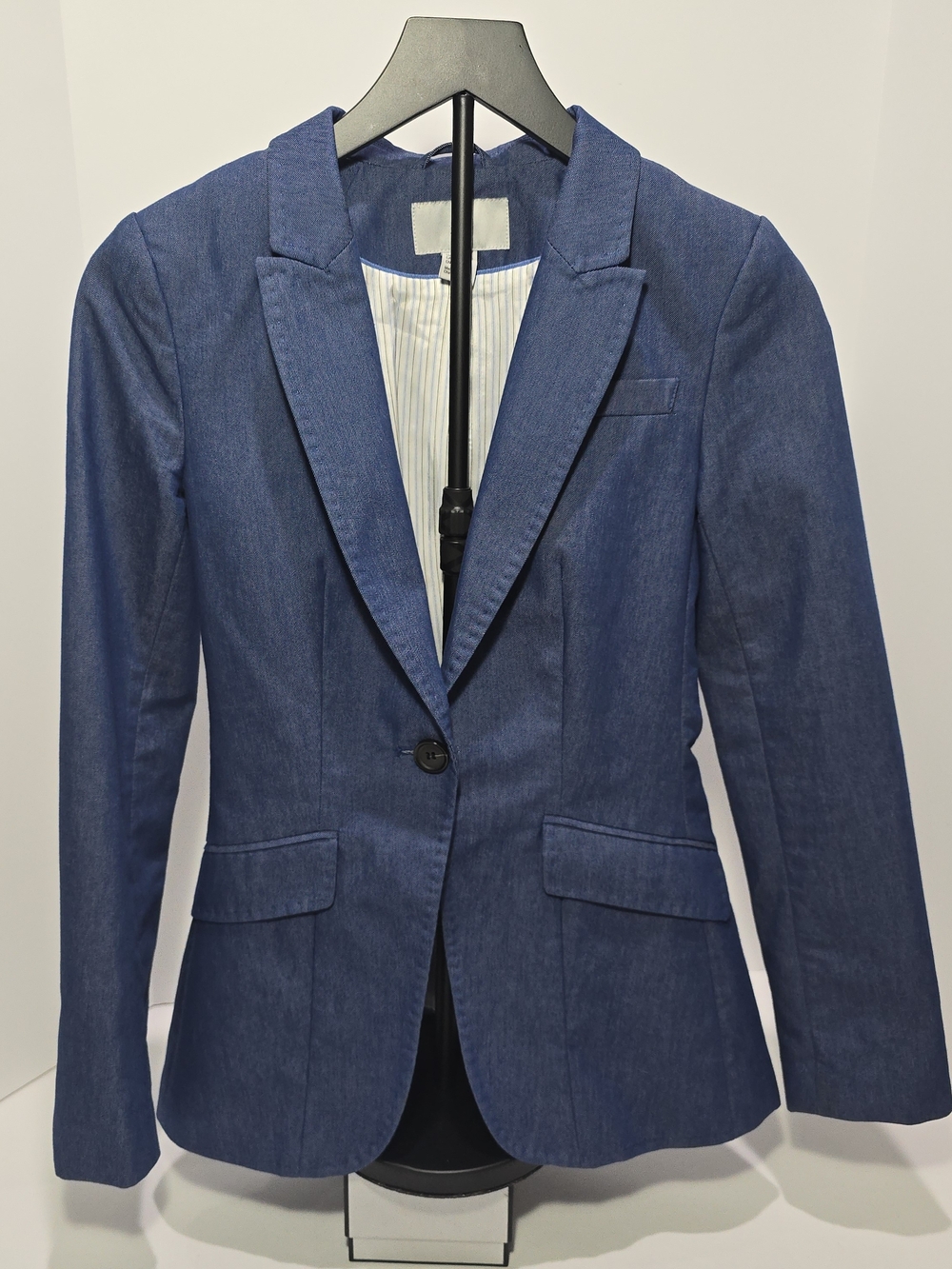 H&M Blue Tailored Single-Button Women's Blazer Jacket Size 2 Striped Lining